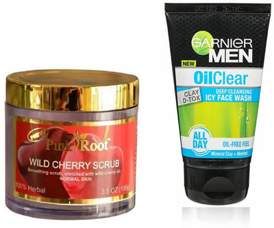 

Pink Root Wildcherry Scrub 100g WITH Garnier Oil Clear Facewash(Set of 2)