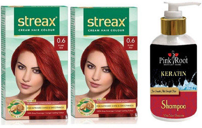 Pink Root Kertain Shampoo with Streax 2 Pcs 0.6 Flame Red Cream Hair Color(Set of 3)