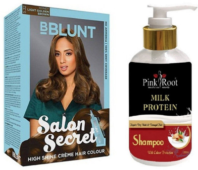 

Pink Root Milk Protein Shampoo with Bblunt 5.32 Light Golden Brown Saloon Secret Hair Color(Set of 2)
