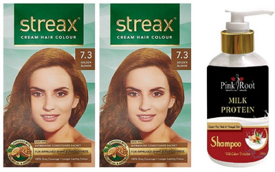 

Pink Root Milk Protein Shampoo with Streax 2 Pcs 7.3 Golden Blonde Cream Hair Color(Set of 3)