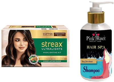 Pink Root Hair Spa Shampoo with Streax Ultralights Cappuccino Brown Highlightings Kit(Set of 2)
