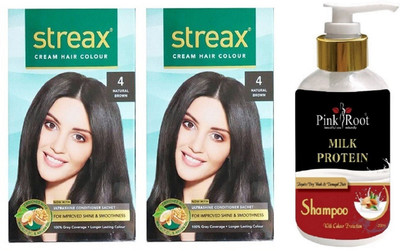 

Pink Root Milk Protein Shampoo with Streax 2 Pcs 4 Natural Brown Cream Hair Color(Set of 3)