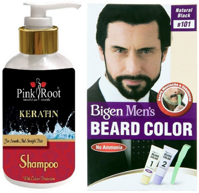 Pink Root Kertain Shampoo With Bigen Men's Beard Color B101 Natural Black(Set of 2)