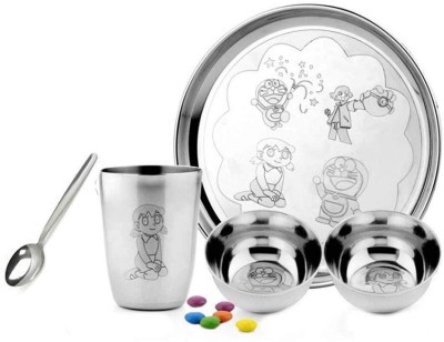 Dibha Pack of 5 Stainless Steel Stainless Steel Kids Dinner Set for Baby Feeding,5 Piece Dinner Set. Kids Plate, 2 Bowls, Cup & Spoon Dinner Set(Silver)