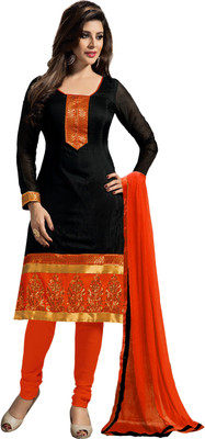 

Zombom Chanderi Embroidered Salwar Suit Dupatta Material(Un-stitched), Black;orange