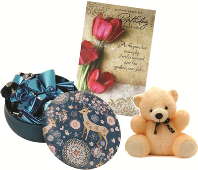 

Skylofts 10pcs Chocolates Round Tin Box with teddy bear & Birthday card Chocolate Birthday Gift Pack Combo(90gms)