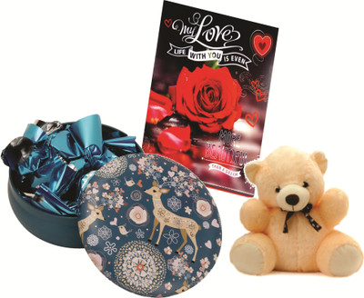 

Skylofts 10pcs Chocolates Round Tin Box with teddy bear & Love Card Valentine's Gift for Boyfriend Combo(90gms)