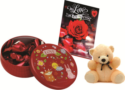

Skylofts 13pcs Chocolates Round Tin Box with teddy bear & Love Card Valentine's Gift for Boyfriend Combo(110gms)