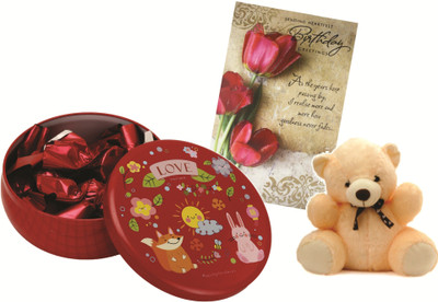 

Skylofts 13pcs Chocolates Round Tin Box with teddy bear & Birthday card Chocolate Birthday Gift Pack Combo(110gms)