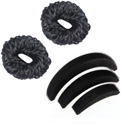 

Maahal Set of 2 Black Hair Funky Rubber Juda & 3Pcs Banana Bumpit for Hair Puff Maker Hair Accessory Set(Black)
