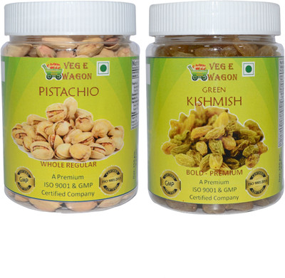 

Veg E Wagon Pista Whole Regular & Green Kishmish Bold Premium(250 Each) Pistachios, Raisins(500 g, Mason Jar)