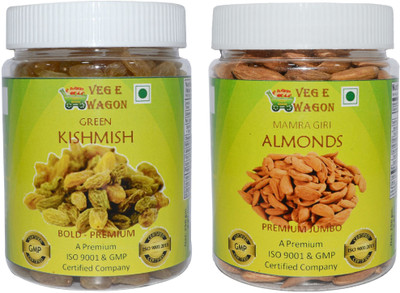 

Veg E Wagon Green Kishmish Bold Premium & Mamra Almond Pre Jumbo(250 Each) Raisins, Almonds(500 g, Mason Jar)