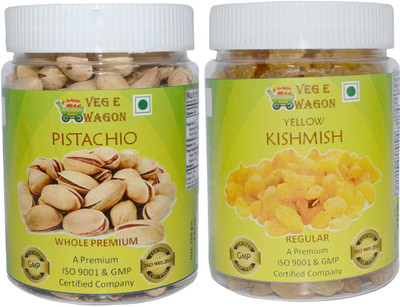 

Veg E Wagon Pista Whole Premium & Yellow Kishmish Reg (250 Each) in Pet Jar Pistachios, Raisins(500 g, Mason Jar)