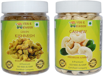

Veg E Wagon Green Kishmish Bold Premium & Cashew Premium Jumbo (250 Each) Raisins, Cashews(500 g, Mason Jar)
