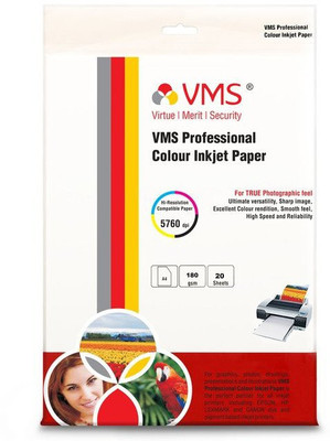 VMS Professional Colour High Glossy 180 gsm A4 (210 x 297 mm) Inkjet Photo Paper 20 Sheets (pack of 1) Unruled A4 180 gsm Inkjet Paper(Set of 1, White) VMS Professional Colour High Glossy 180 gsm A4 (210 x 297 mm) Inkjet Photo Paper 20 Sheets (pack of 1) Unruled A4 180 gsm Inkjet Paper(Set of 1, White)