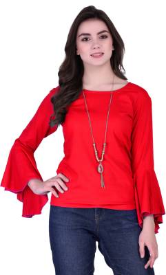 VAANYA Casual Bell Sleeve Solid Women's Red Top