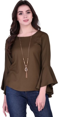 VAANYA Casual Bell Sleeve Solid Women Brown Top