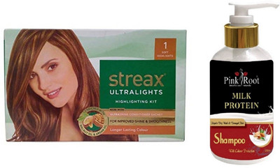 

Pink Root Milk Protein Shampoo with Streax Ultralights 1 Soft Highlights Highlightings Kit(Set of 2)