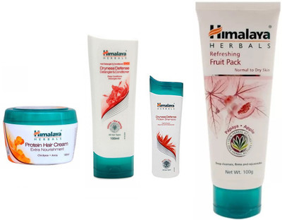 

Himalaya dryness defense shampoo, dryness conditinar, protien cream, fruit face pack(Set of 4)