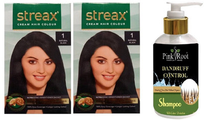 

Pink Root Dandruff Control Shampoo with Streax 2 Pcs 1 Natural Black Cream Hair Color(Set of 3)