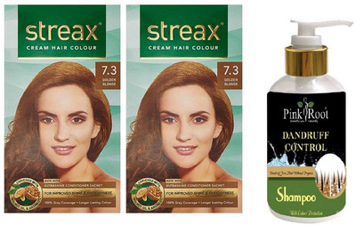

Pink Root Dandruff Control Shampoo with Streax 2 Pcs 7.3 Golden Blonde Cream Hair Color(Set of 3)