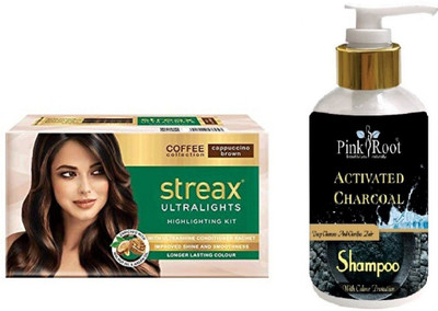 

Pink Root Activated Charcoal Shampoo with Streax Ultralights Cappuccino Brown Highlightings Kit(Set of 2)