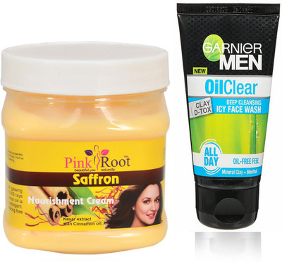 Pink Root Saffron Cream 500g WITH Garnier Oil Clear Facewash(Set of 2)