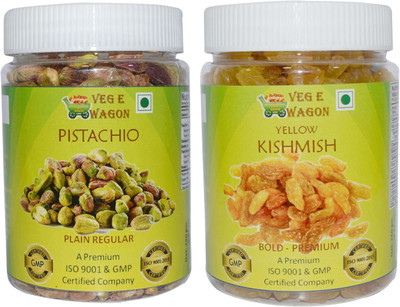 

Veg E Wagon Pista Plain Regular & Yellow Kishmish Premium Jumbo (250 Each) Pistachios, Raisins(500 g, Plastic Bottle)