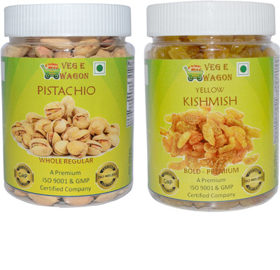

Veg E Wagon Pista Whole Regular & Yellow Kishmish Premium Jumbo (250 Each) Pistachios, Raisins(500 g, Plastic Bottle)