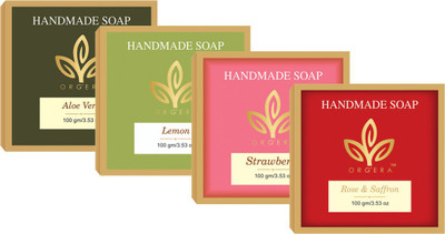 

Org'era Sulfate free glycerin handmade soap combo aloevera ,strawberry ,lemon ,rose & saffron(400 g, Pack of 4)
