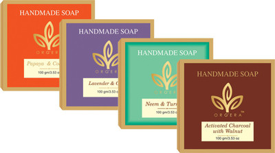 

Org'era Sulfate free butter handmade soap combo papaya coconut,lavender & oudh, Neem & turmeric and Charcoal soap(400 g, Pack of 4)