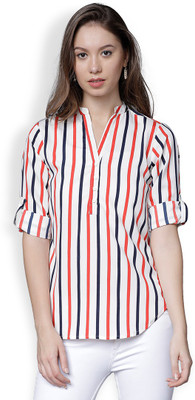 Tokyo Talkies Casual Roll-up Sleeve Striped Women White, Black, Orange Top