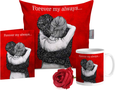 Tied Ribbons Cushion, Greeting Card, Mug, Artificial Flower Gift Set