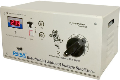 

Rahul C-3000 c3 Digital 3 KVA/12 Amp 90-260 Volt Mainline Use Up to 3 KVA Load Raf & Taf Autocut Digital Voltage Stabilizer(Gray)