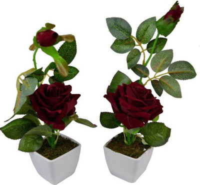 

paradise para-rose-79 Red Rose Artificial Flower with Pot(12 inch, Pack of 2)