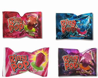 

Ring Pop Hard Candy's 4 Combo Flavours (Black Currant, Strawberry, Cola & Raspberry) Raspberry, Strawberry, Cola, Black Current Candy(Pack of 4)