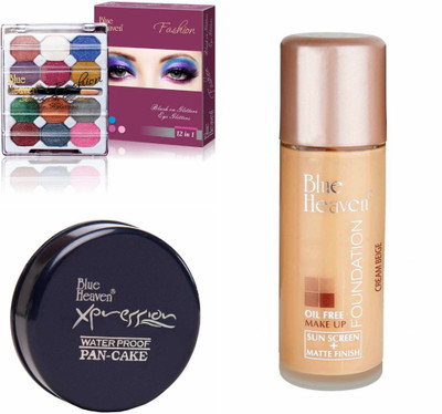 

Blue Heaven eye shadow 12in1 & foundation oil free & pan cake xpression(Set of 3)