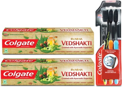 

Colgate Swarna Vedshakti Toothpaste 200gm with Swarna Vedshakti Toothpaste 100gm plus Slim Soft Charcoal Toothbrush ( Buy 2 get 1 free)(Set of 3)