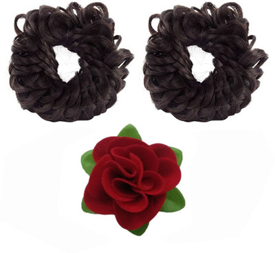 

Maahal Set of 02 Fancy Rubber Juda (Brown) with Red flower hair pin for Women and Girls Hair Accessory Set(Brown)