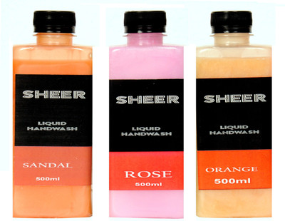 

Sheer Premium Liquid Hand wash Refill Sandal,Rose,Orange (500ml each)(1500 ml, Bottle, Pack of 3)