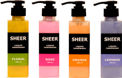 

Sheer Premium Liquid Hand wash Combo Kit Floral,Rose,Orange,Lavender (200ml each)(800 ml, Pump Dispenser, Pack of 4)