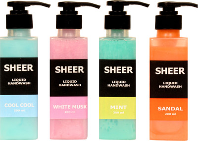 

Sheer Premium Liquid Hand wash Combo Kit Cool Cool,White Musk,Mint,Sandal (200ml each)(800 ml, Pump Dispenser, Pack of 4)