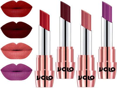 

Volo Perfect Creamy with Matte Lipsticks Combo, No more dry lips(Tomato Red, Maroon, Light Peach, Purple)