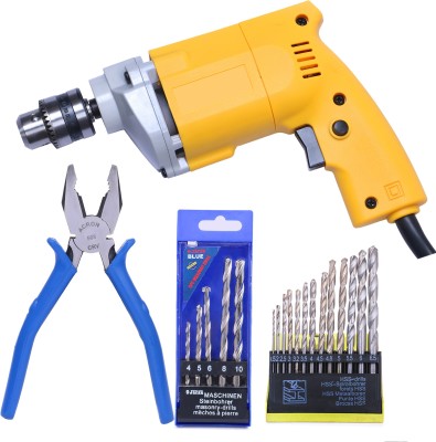 TOOLBUX Drill Machine Combo (10 mm) yellow 13pc HSS drill set 5 pc masonary drill set and plier Angle Drill (10 mm Chuck Size) Pistol Grip Drill(10 mm Chuck Size)