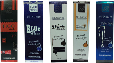 

Al Nuaim ALNUAIM D'LOVE,BLUE FOR MEN,FIGO BLACK , BLUE LADY PACK, ROYAL PROPHECY OFF 5 Floral Attar(Musk)