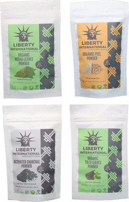 

LIBERTY INTERNATIONAL Heena & Orange & Charcoal & Tulsi Powder ( 227 Gm Each ) For Face , Hair & Skin Care Certified C18(Set of 4)