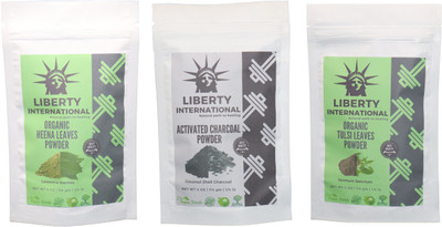 

LIBERTY INTERNATIONAL Heena & Charcoal & Tulsi Powder ( 114 Gm Each ) For Face , Hair & Skin Care Certified C18(Set of 3)