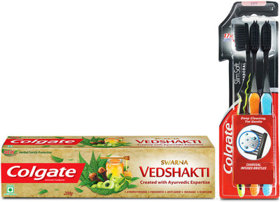 

Colgate Swarna Vedshakti Toothpaste - 200 gm and Slim Soft Charcoal Toothbrush (Buy 2 Get 1 Free)(Set of 2)