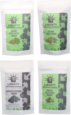 

LIBERTY INTERNATIONAL Heena & Neem & Charcoal & Tulsi Powder ( 114 Gm Each ) For Face , Hair & Skin Care Certified C18(Set of 4)