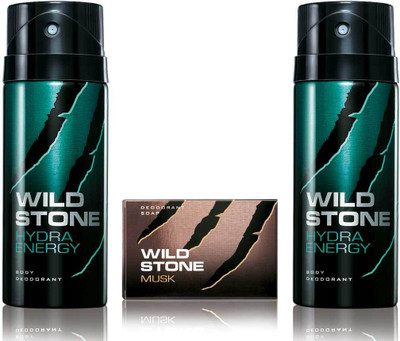 

Wild Stone 2 Hydra Energy Deodorant and 75gm Musk Soap(Set of 3)